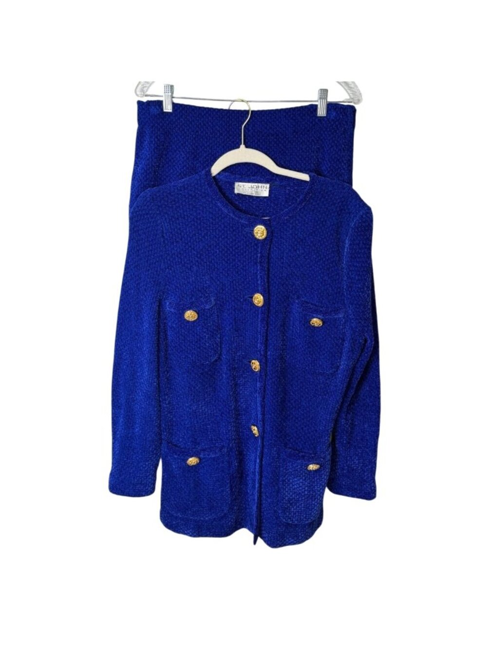 St. John Collection Size 12 Knit Blazer & Skirt Set With Gold Buttons Royal Blue